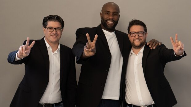Nicolas Fratini et Frédéric Ibanez, les cofondateurs, et Teddy Riner, nouvel actionnaire du réseau. - © D.R.