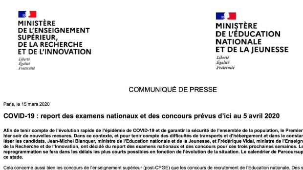 Covid-19 : report des examens nationaux et des concours prévus d’ici au 5 avril 2020