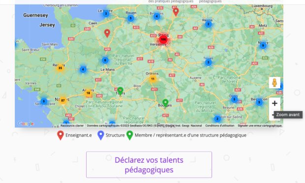 Sur le site Cartotalents, une carte de France recense les initiatives pédagogiques. - © Cartotalents