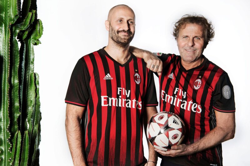 Renzo Rosso, founder of Diesel and his son Andrea, creative director of the brand wear the AC Milan shirt