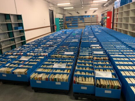 Le livre est placé dans un conteneur et les conteneurs sont assemblés sur palettes - © Enora Abry